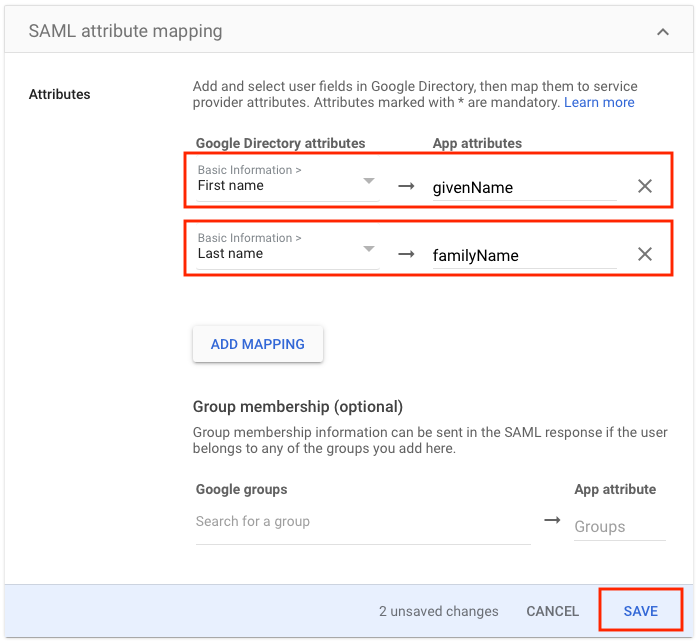 Google attribute mapping dialog