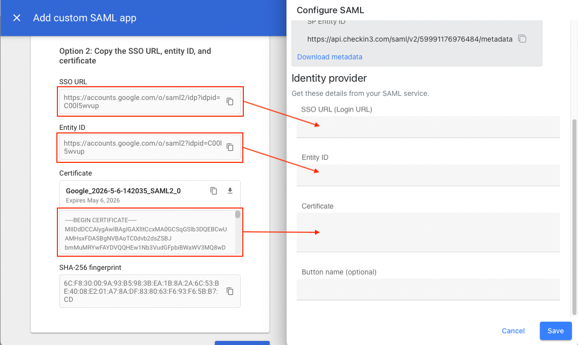 Copy Google SAML credentials