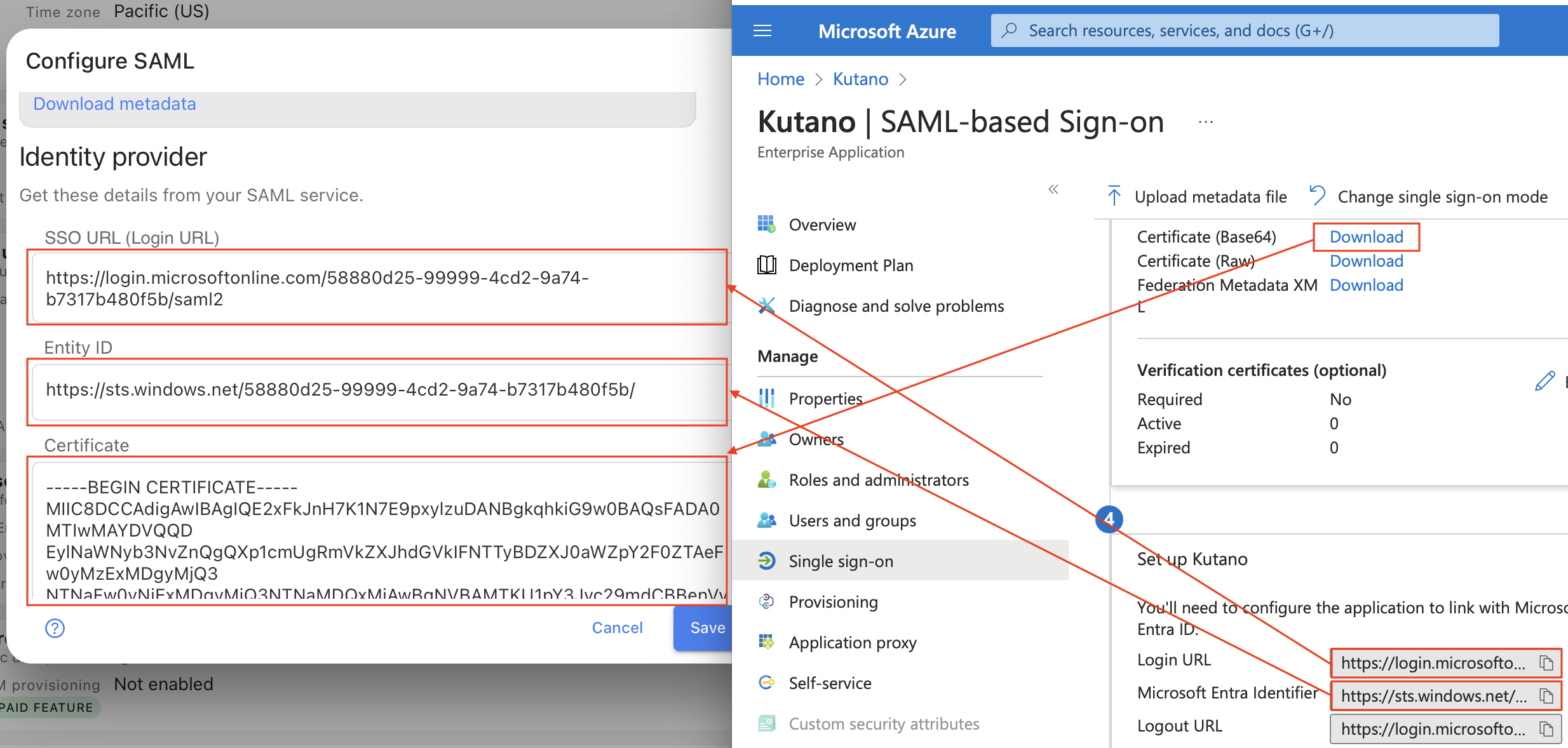 Copy SAML Kutano to Azure