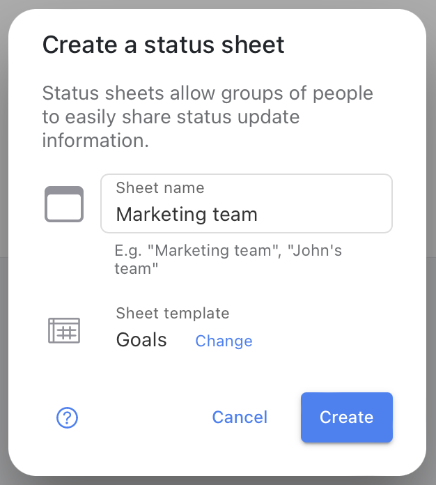 Create sheet dialog