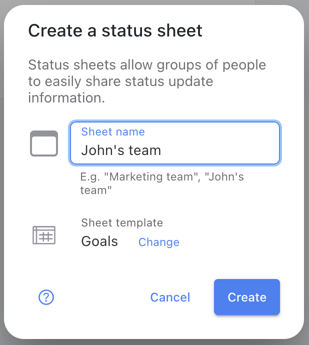 Create status sheet dialog
