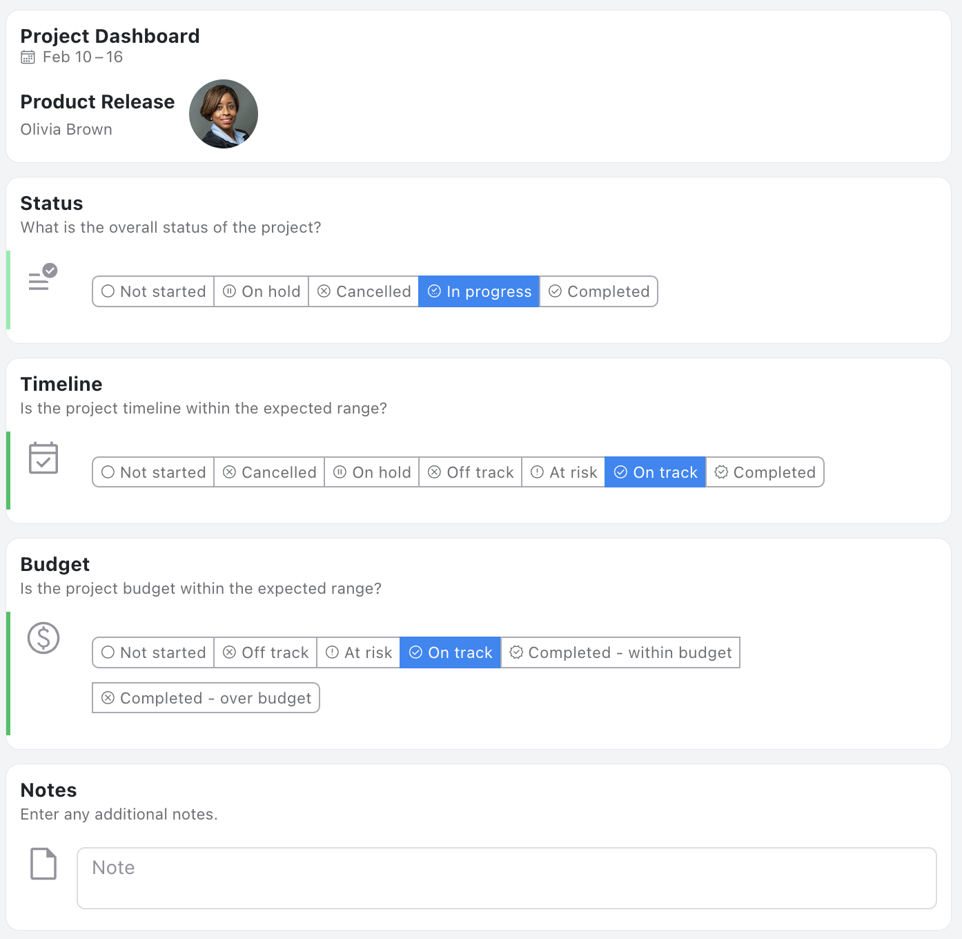 Project Dashboard Template - Status update