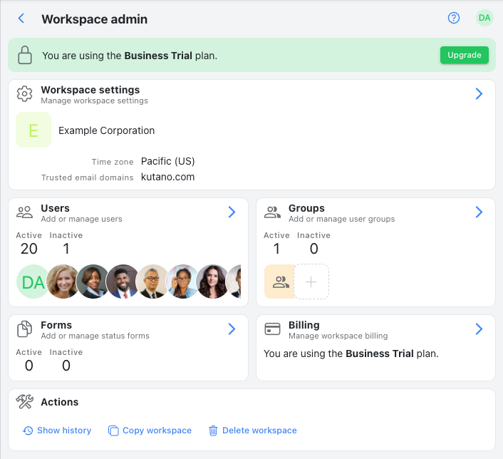 Administration dashboard showing various management sections